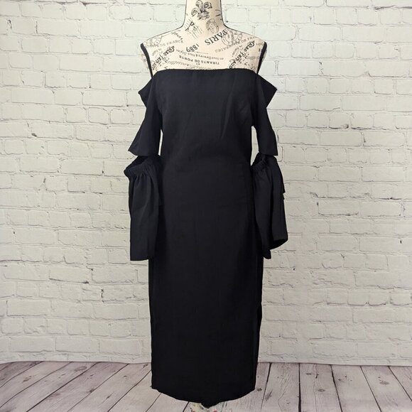 DO + BE Black Off The Shoulder Puffy Sleeves Midi Dress sz Large L NWT - Picture 7 of 8
